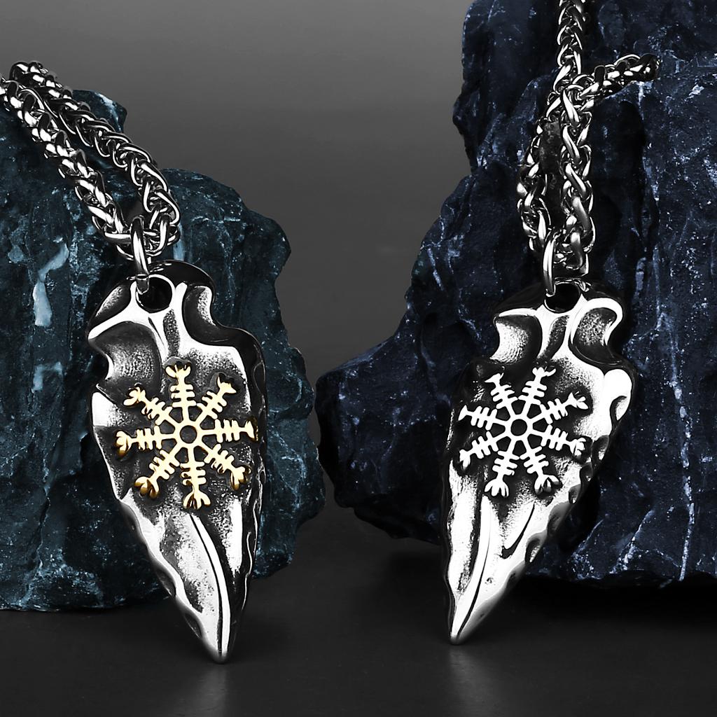 Titanium Stainless Steel Vintage Fashion Valknut Vegvisir Odin Sword Gungnir Rune Necklace Pendant Jewelry