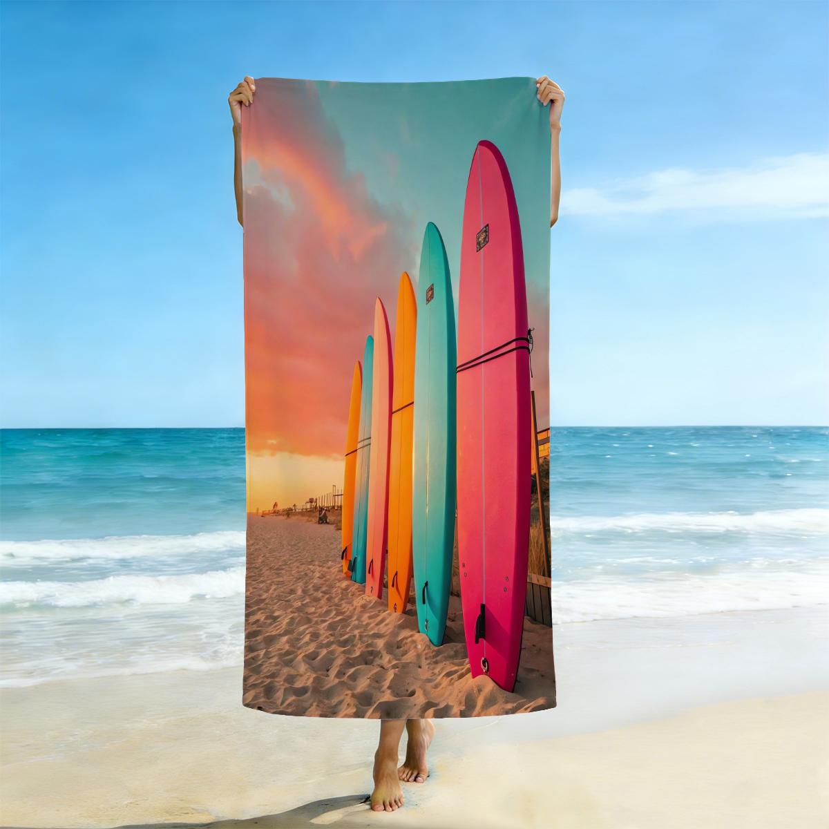 1Pc Beach Surfboard Printed Beach Towel, Microfiber Bath Towel, Absorbent, Quick Drying Swimming Towel, (Single-Sided Printed) 150x75cm