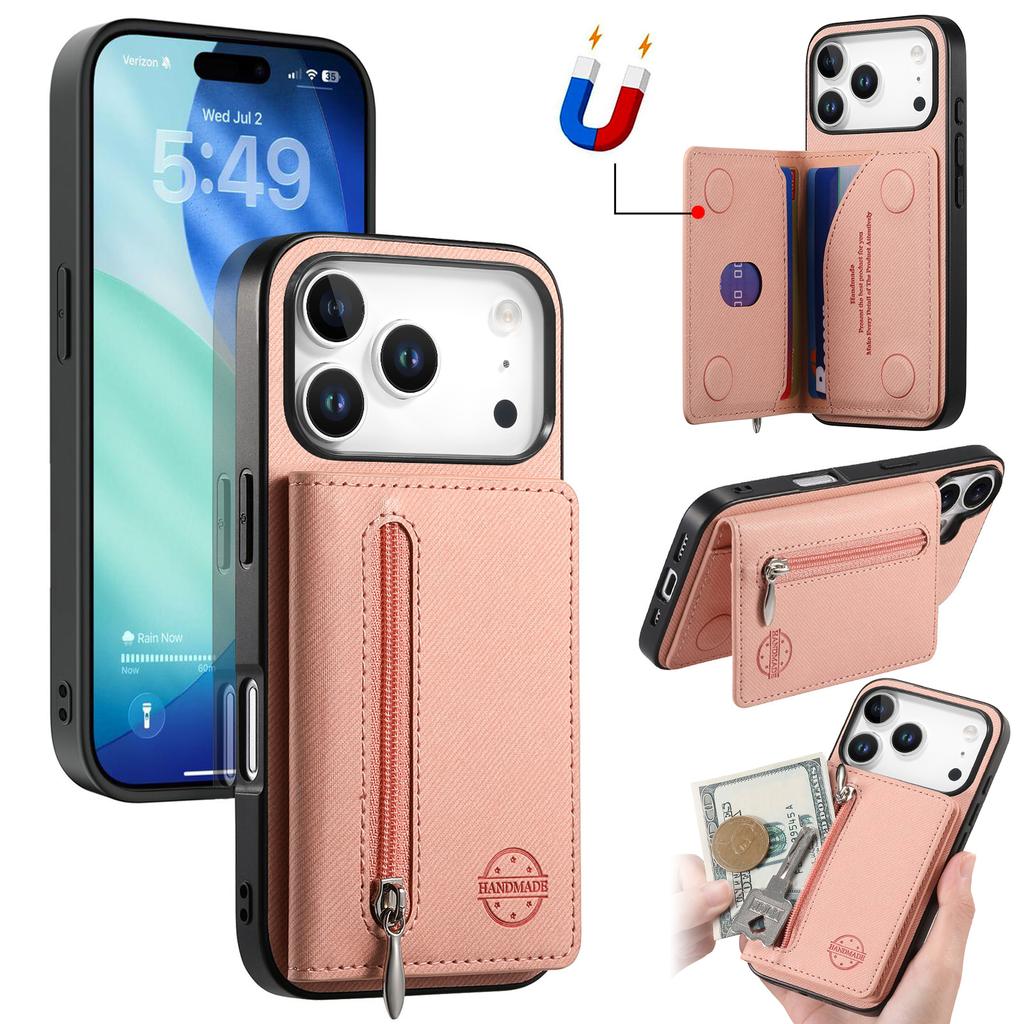 For iPhone 17 Pro Max Case Zipper Card Holder Kickstand Jeans Cloth Texture Leather Back Cover