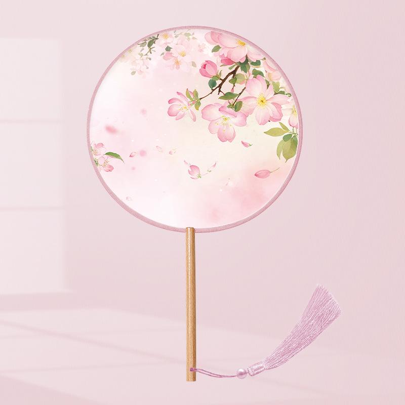 Girls' Summer Hanfu Dance Fan: Long Handle, Double-Sided Embroidered Round Fan for Traditional Costume