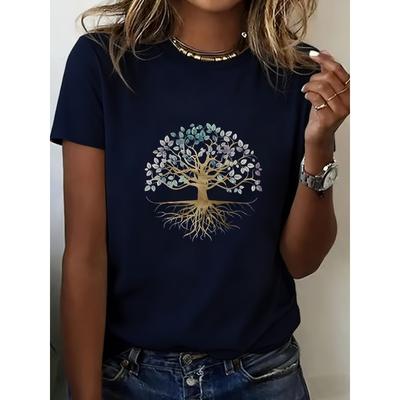 Plus Size Women's Tree of Life Print, Casual Round Neck Short Sleeve T-shirt