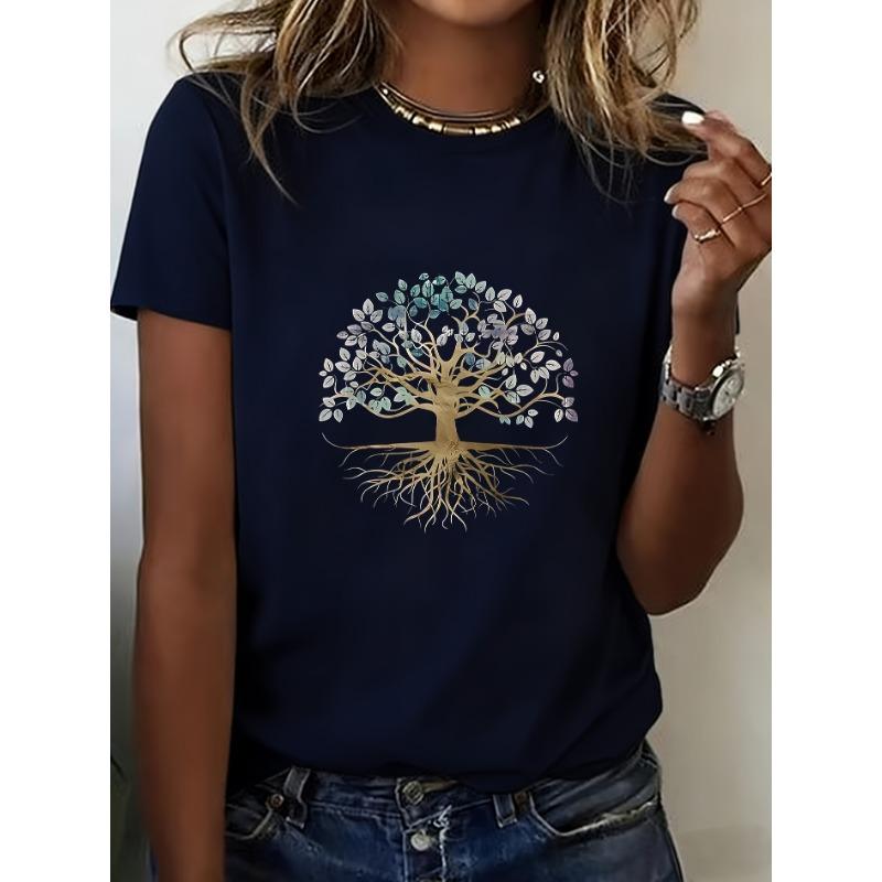 Plus size women s tree of life print, casual round neck short sleeve T-shirt S