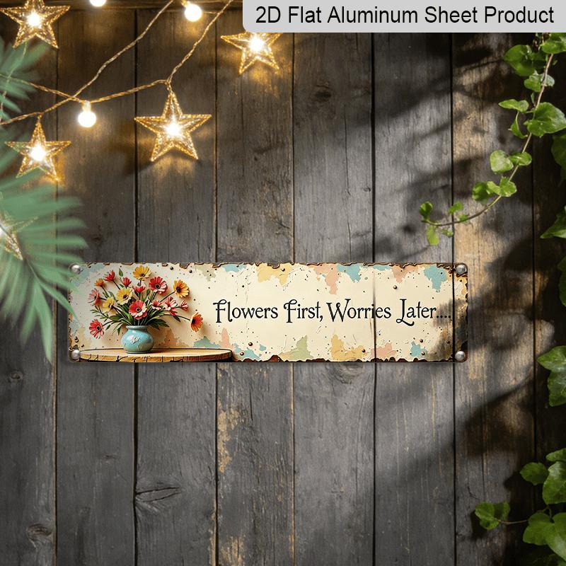 2D Flat, Rustic European Aluminium Decorative Sign with Vibrant Daisy Flower Vase & Motivational Quote - Irregular-Shaped Suitable For, Cafe, Hotel