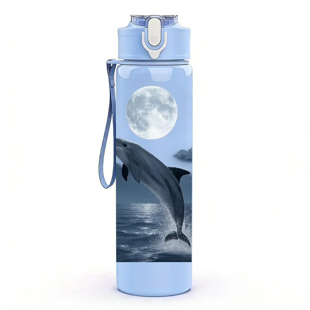 1PC Whale Jumping Ocean Wave Print 750ml Color Plastic Sports Water Bottle Leakproof Flip Straw Lid Suitable for Sports Office Home Use