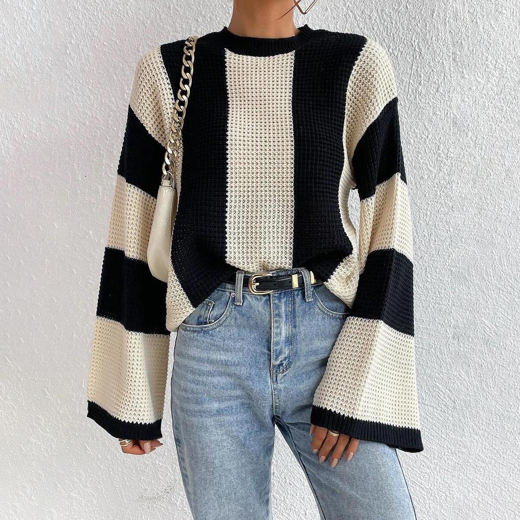 Bahor va Kuz Trikotaj Sviter Top Dumaloq Bo'yin Chiziqli Ayollar Moda Dizayni Sviter Jaket