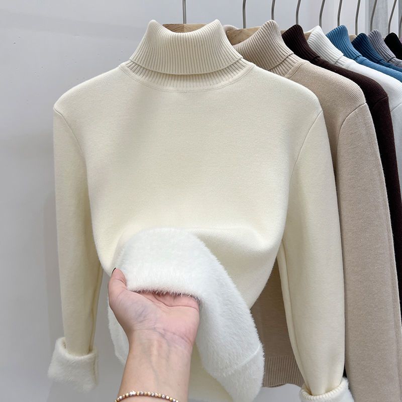 Frauen verdicken Rollkragenpullover koreanische Mode gefüttert warm gestrickte Bodenbildung Shirt schlanke Tops Winter Strickwaren Casual Pullover