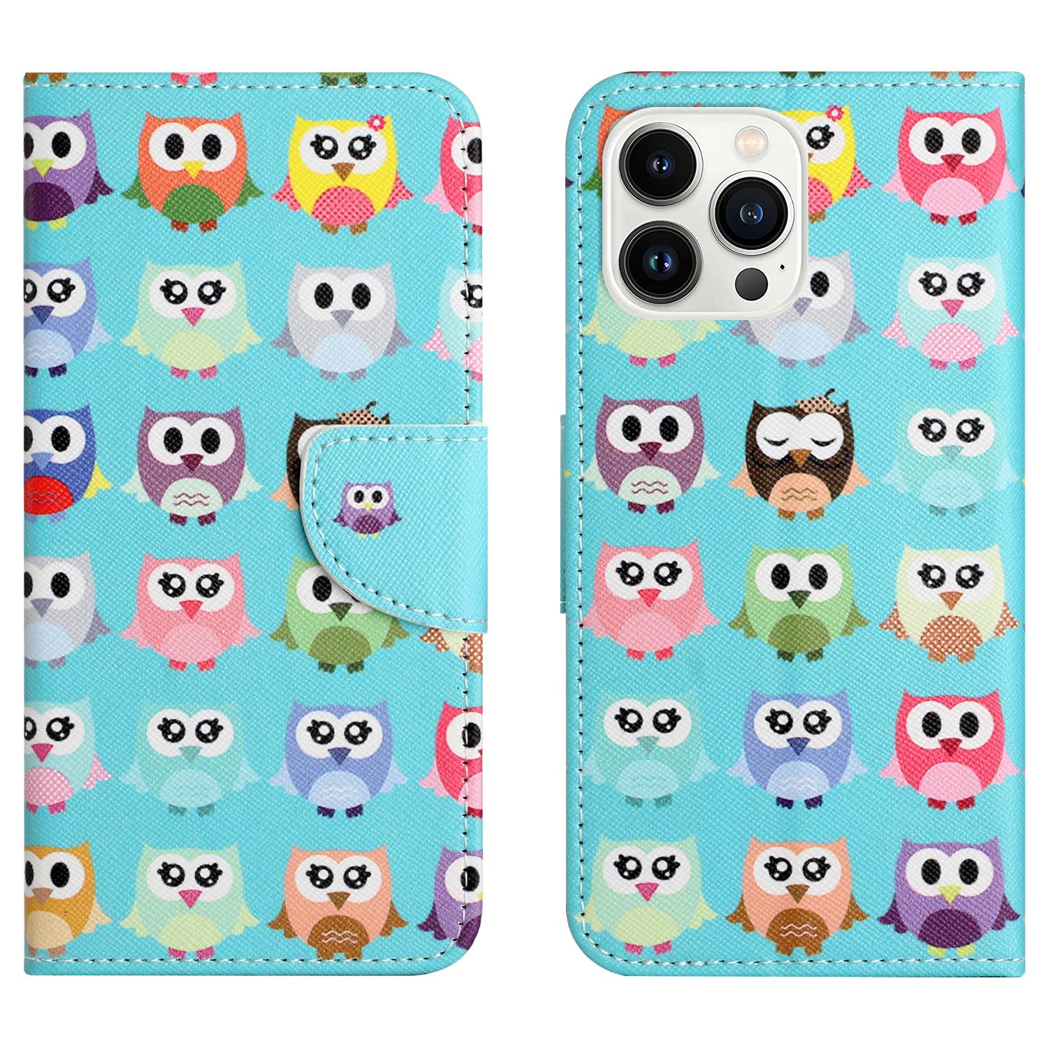 

For iPhone 15 Pro PU Leather Drop-proof Phone Case Pattern Printing Wallet Stand Cover Owls