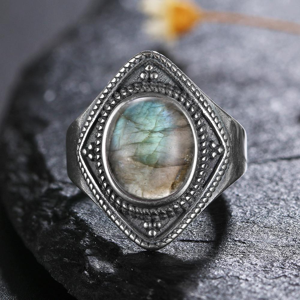 CopperRing for Women Oval Round Natural Labradorite Ring Gift Sun Shaped Retro Luxury Fine Jewelry