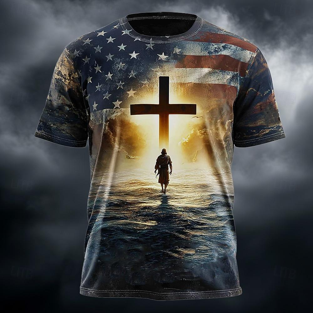 Men's Lion Cross Christian T Shirt Short Sleeve T shirt 3D Print Crew Neck Shirt Religious Casual Daily Party Blue Red Green