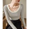 Pure Cotton Striped T-shirt Women's Long-sleeved Autumn Winter New Round Neck Top Slimming Slim Tees Bottoming Shirt