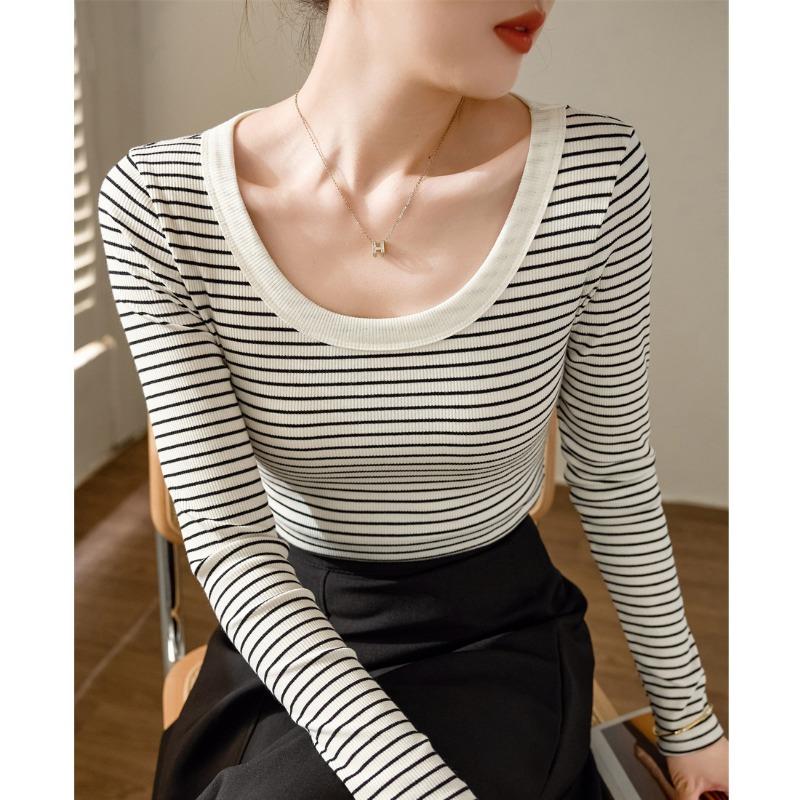 Spring Autumn Round Neck Vintage Striped Printing T-shirt Women Long Sleeve All-match Cotton Bottomed Tee Top