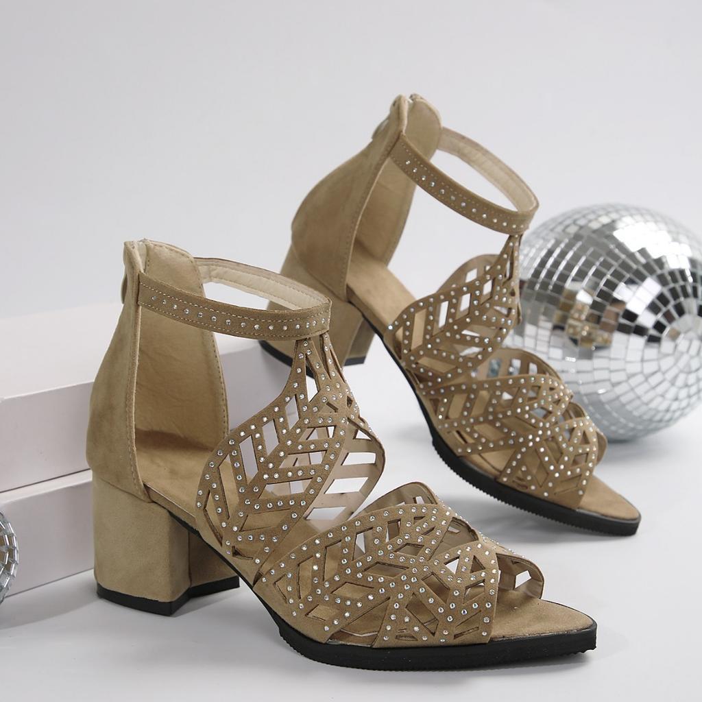 2025Fashion New Women's Summer Hollow Leather Water Diamond Thick Heel Comfortable Zipper Sandals Zapatos Mujer Primavera Verano