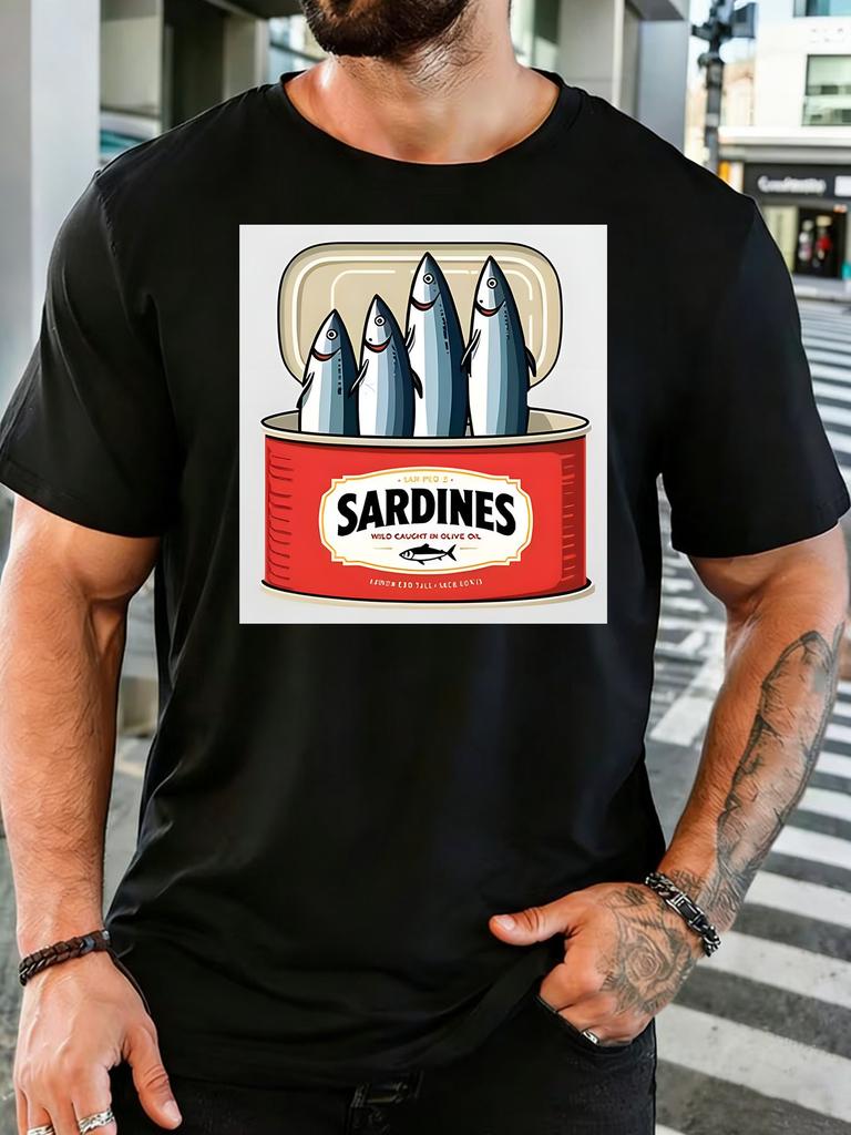 Unisexs Soft Cotton Tee Retro Canned Sardine Cartoon Fish Label Graphic O Neck Short Sleeve Loose Casual Summer Top For Seafood Fan