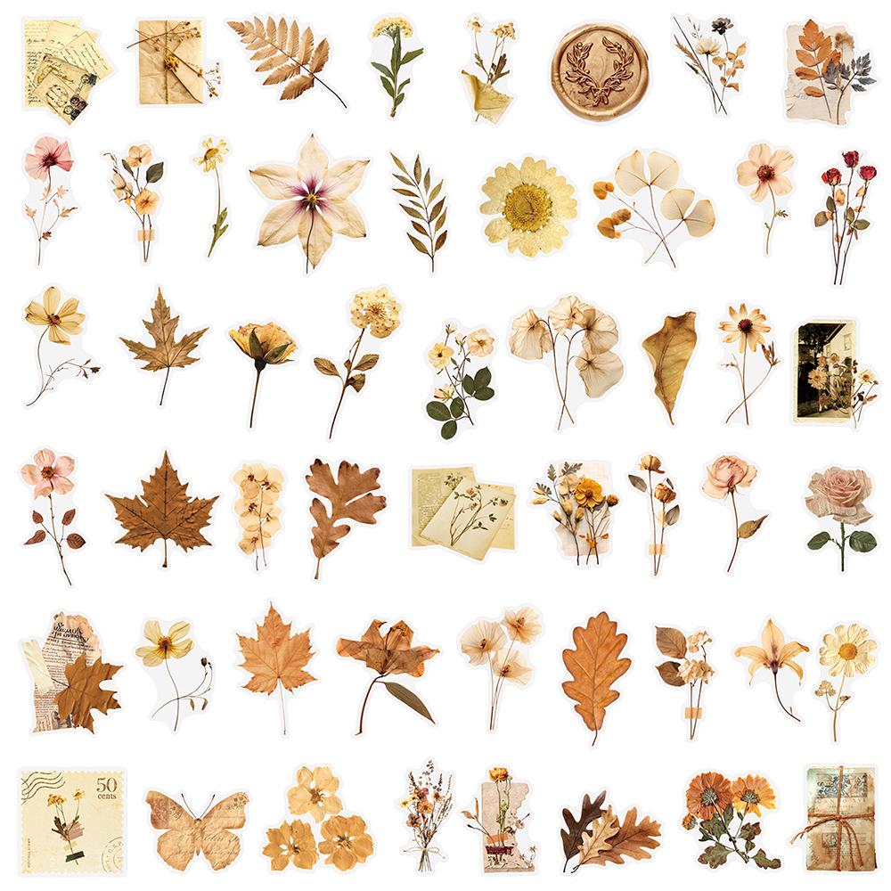 10/30/50pcs Retro Dried Flower Leaf Stickers Transparent Aesthetic Decals DIY Guitar Notebook Phone Case Waterproof Sticker