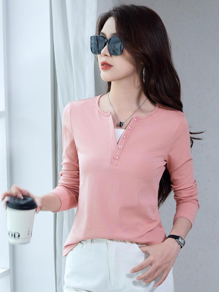 Korean Style Slim Fit V-neck Color Block Patchwork Long Sleeve T-shirt - Cotton Base Layer