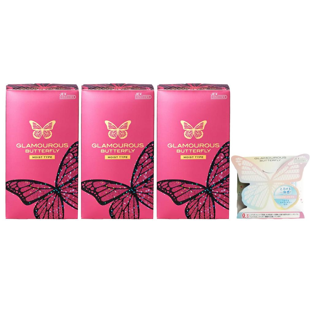 Jex Condoms Glamorous Butterfly Moist Type (12-pack × 3 boxes + 1 free sample)
