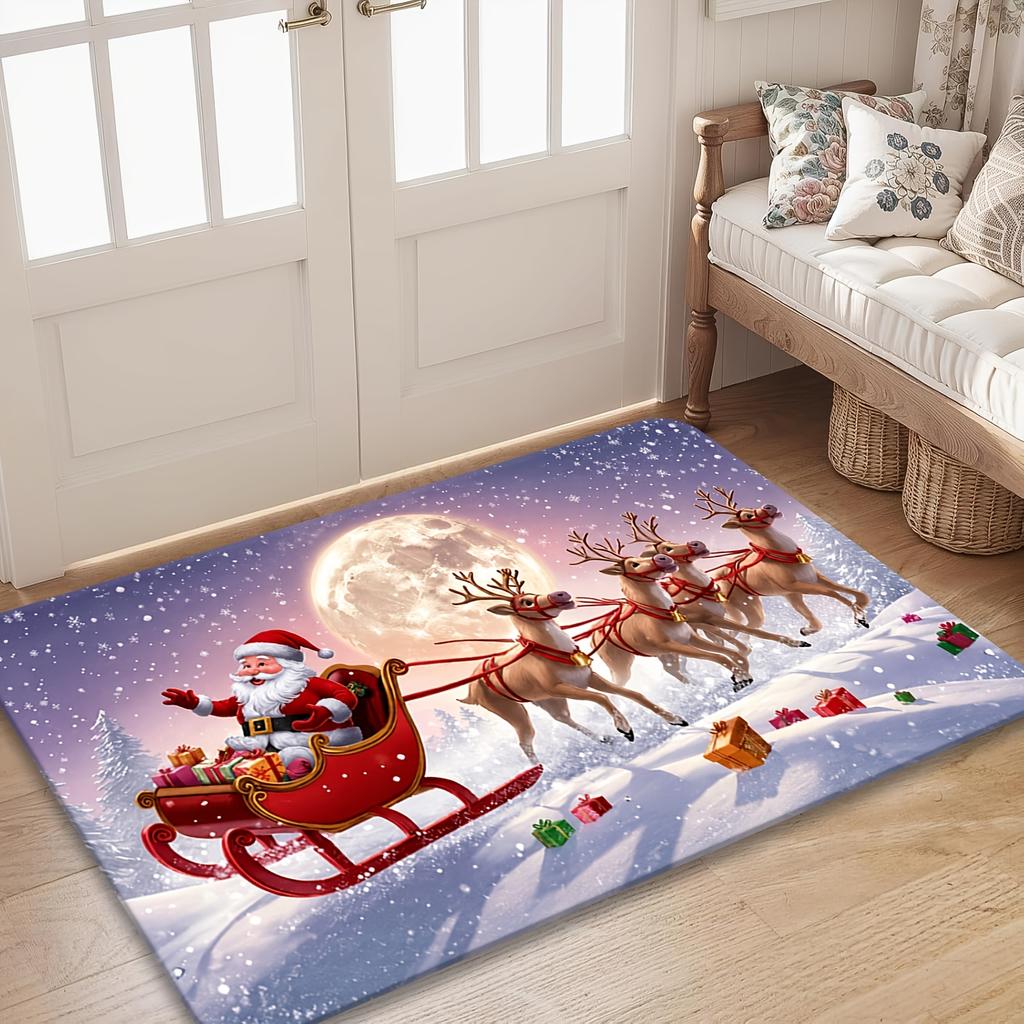 1pc Flannel Santa Claus Driving Reindeer Snowy Night Pattern Door Mat, Ultra-Soft Non-Slip Carpet, Machine Washable And Fade-Proof, Suitable for Livin