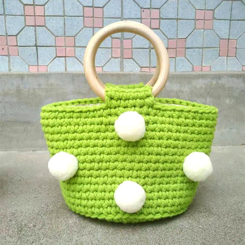 Yarn Knitting Pompom Bucket Handbag - Trendy Crochet Finished Women's Portable Bag