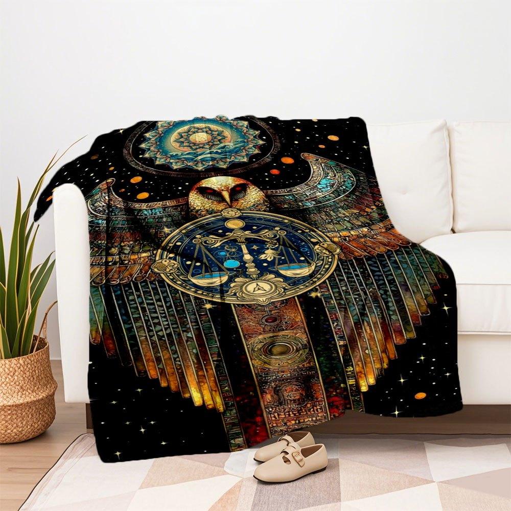 "Golden Owl of Wisdom: Mystical Art Print"Blanket Flannel Throw Blanket for Sofa, Bed, Travel, Camping, Office, Couch, Chair, And Bed Gift F