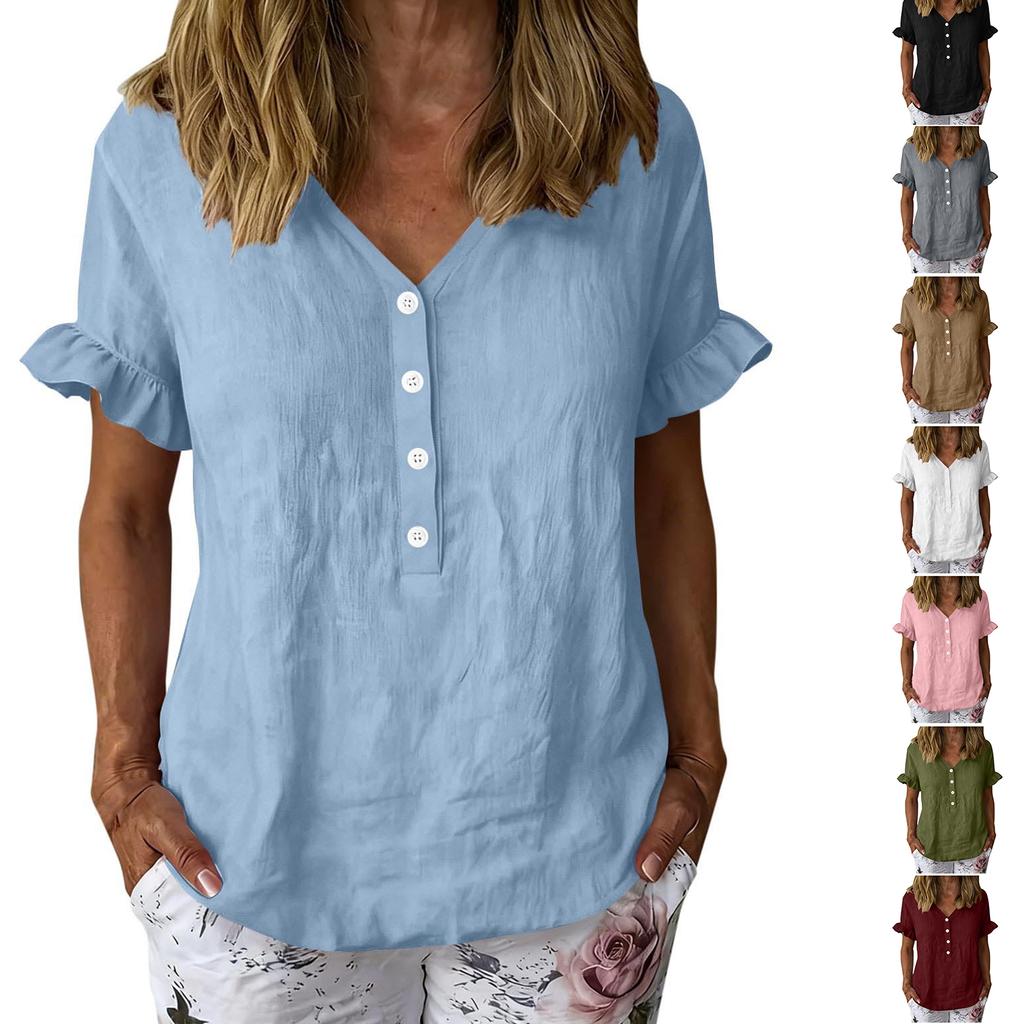 Women’s Casual Button Front Ruffle Sleeve Shirt Loose Fit Cotton Linen Blouse Relaxed Fit V Neck Top for Daily Wear