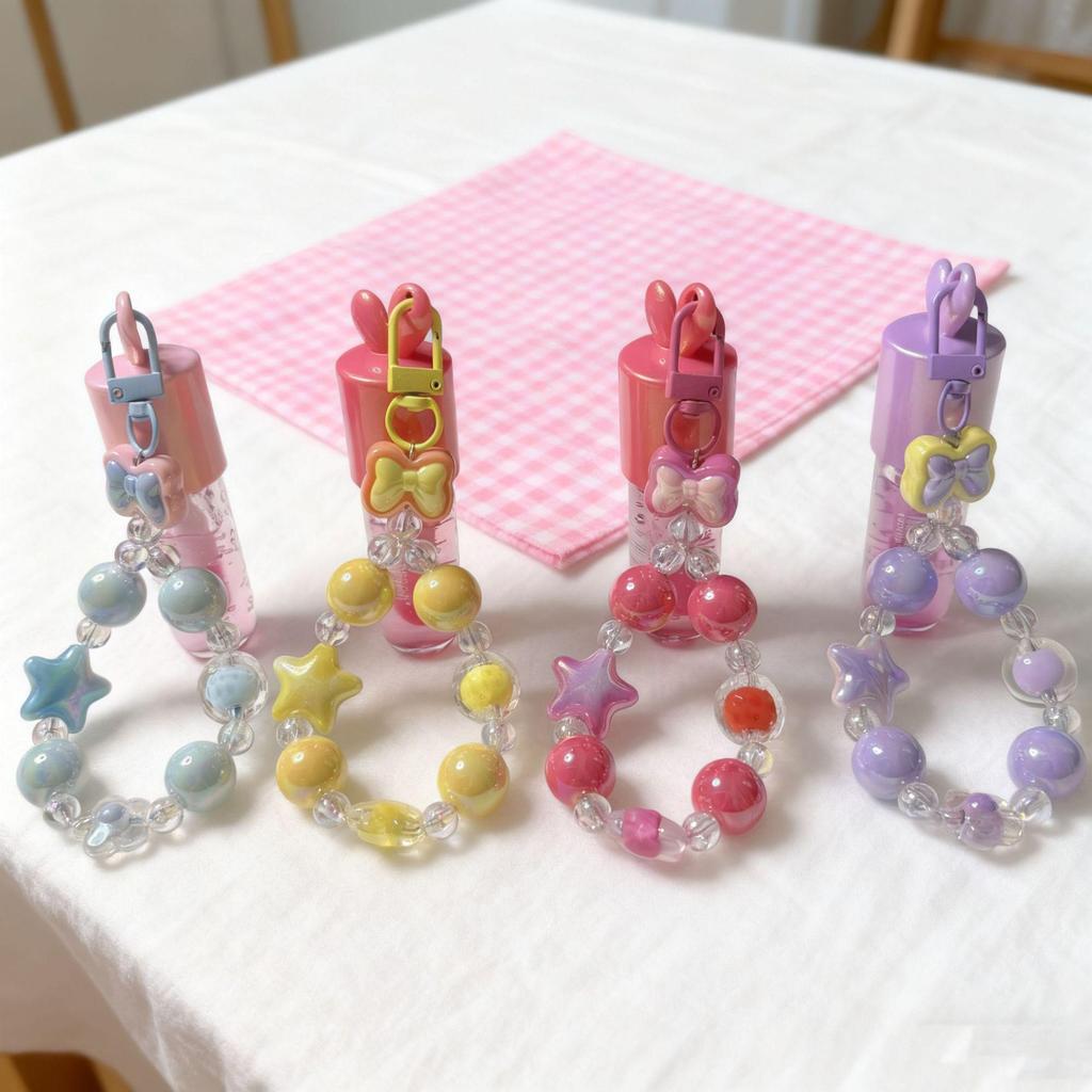 Handmade Beaded Phone Lanyard Keychain with Cute Bow, Lip Gloss Charm, and High-End Bag Pendant