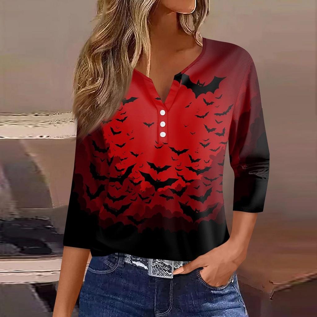 Women's T Shirt Halloween Print Button 3/4 Sleeve Daily Weekend Fashion Basic V- Neck Regular Top