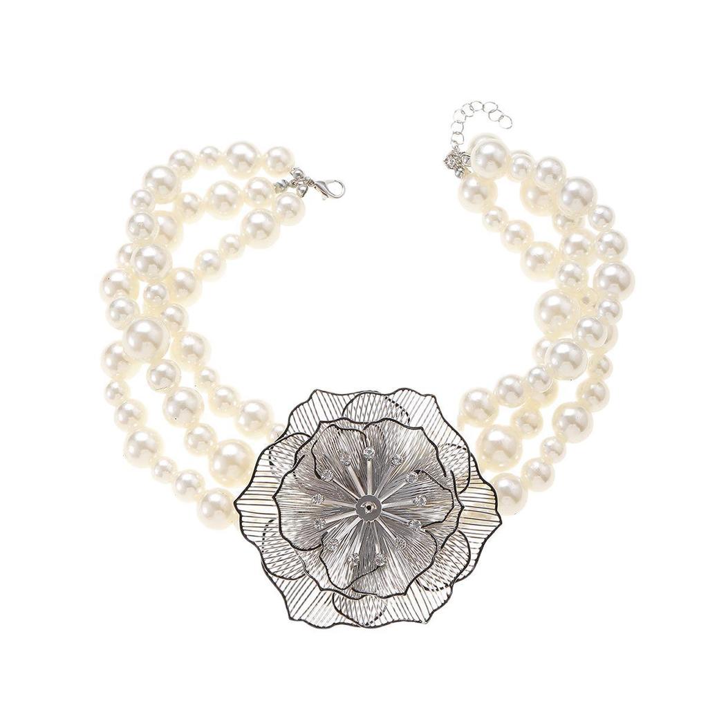 Cross Necklace With Pearl Chain And Floral Design For Womens Fashion Accessories