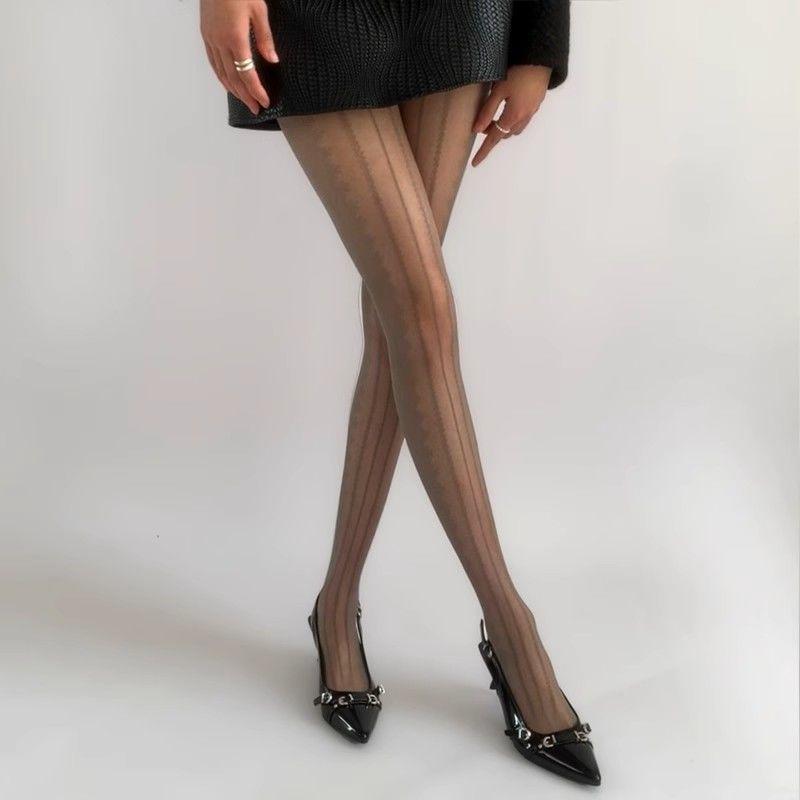Spring-Summer Thin Gray Stockings for Women - Retro Side Lace Vertical Striped Pantyhose, Sexy Jacquard Black Silk & JK-style White Silk