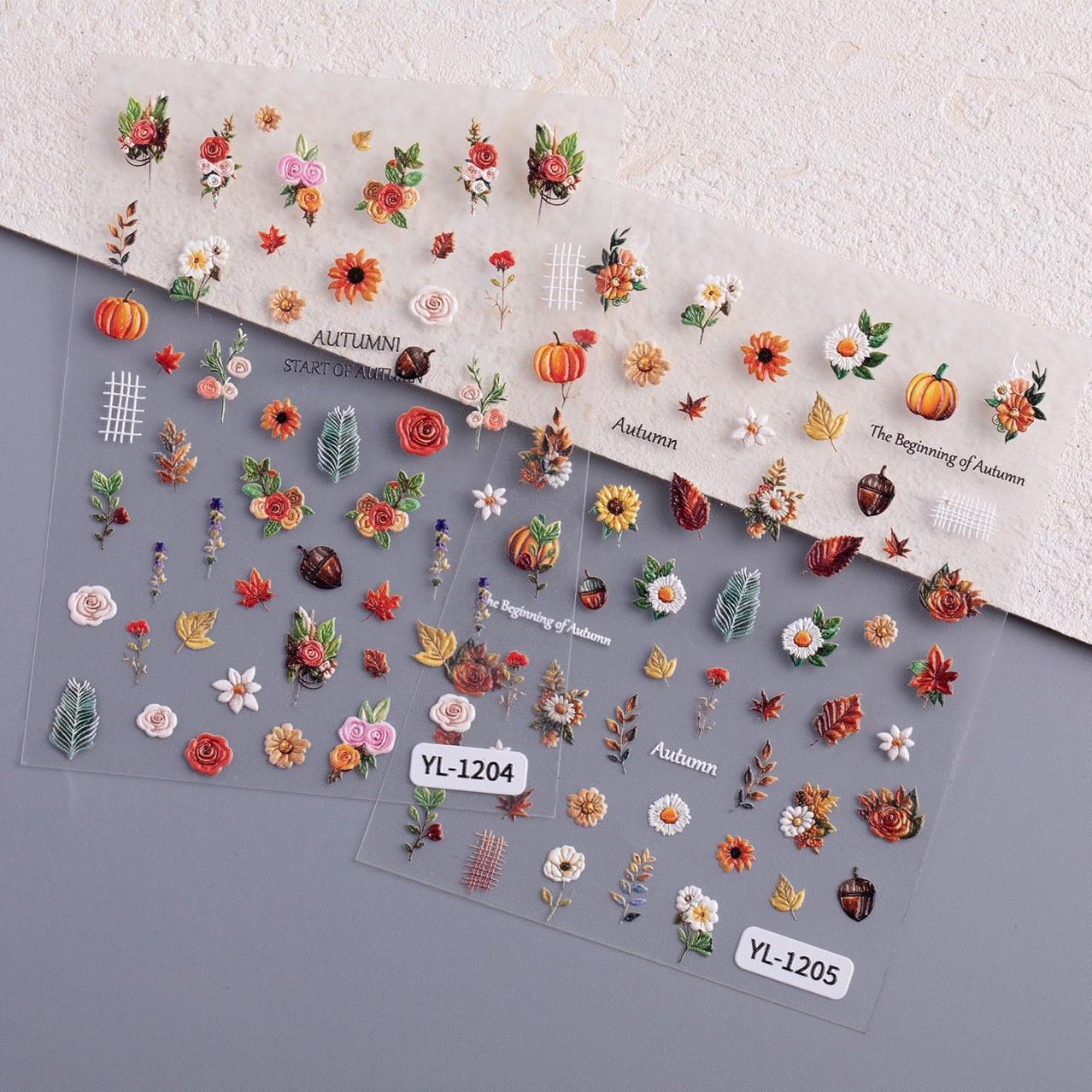 

Осенние цветочные наклейки для ногтей: Дизайн с тыквой, розой и кленовым листом - Романтичный и милый Maillard Flower 1204 - 1 sheet