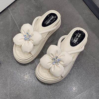 Fashion Thick-soled Beach Rhinestone Flower Slippers Women's New Soft-soled Slip-flop Sandals In Summer