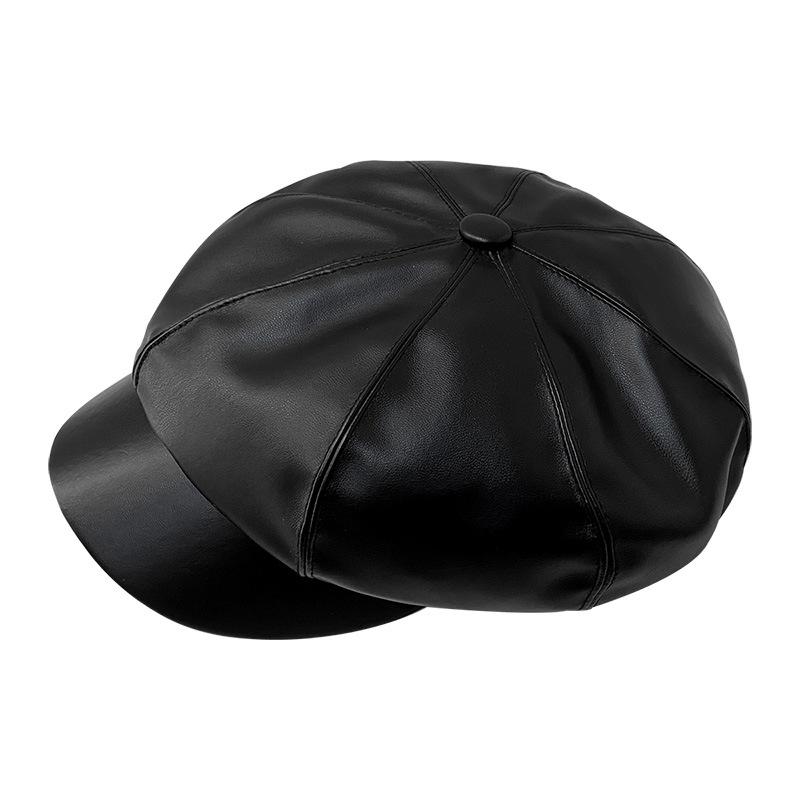 Winter Korean Style Student Cute Versatile Pu British Style Octagonal Hat Pumpkin Hat Korean Leather Beret Women