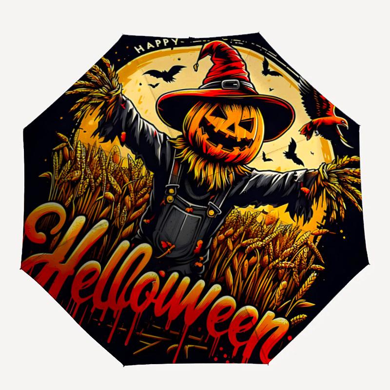 1pc Halloween Horror Pumpkin Patch Automatic Folding Umbrella, Lightweight Retractable Compact Travel Umbrella, 8-Rib Sturdy Frame082
