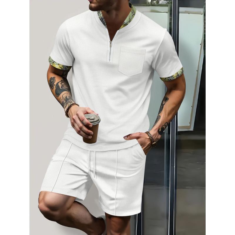 Men's Waffle Knit Half Zip Casual Tracksuit Short Sleeve Shirt and Shorts 2-Piece Set with Camouflage Trim