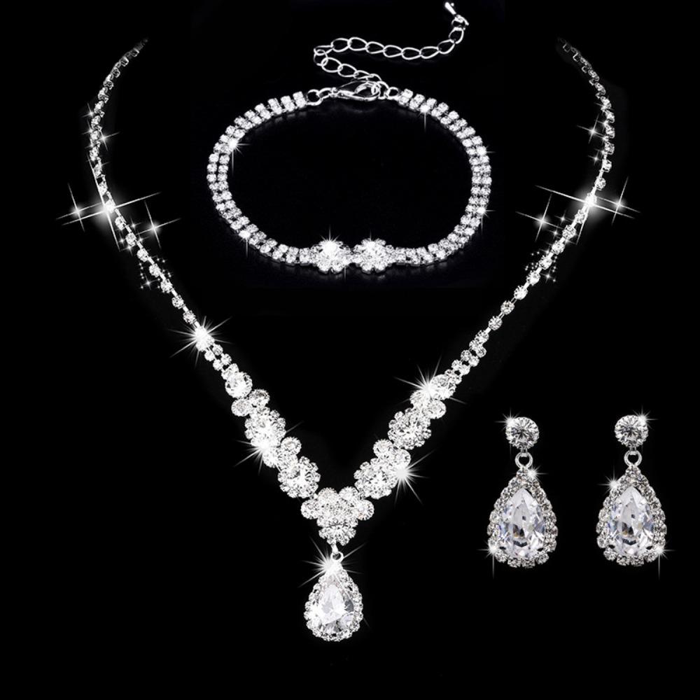 Wedding Jewelry Set Three-piece Set Bright Rhinestones Zircon Angel Teardrop Necklace Earrings Bracelet