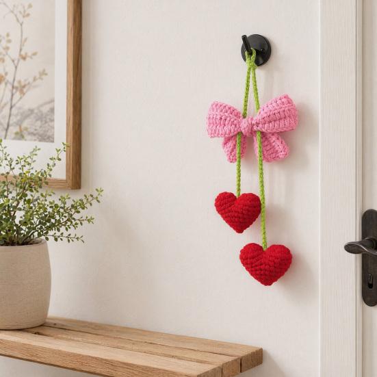 Rearview Mirror Charm Crochet Heart Car Hanging Decor, Knitted Bowknot Love for SUV Pendant Mirror, Cute Accessory Bag Purse, Valentine's Day Gift Her