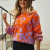 Damen Pullover Leopardendruck Colorblock Rundhalsausschnitt Langarm Locker gestrickter Pullover