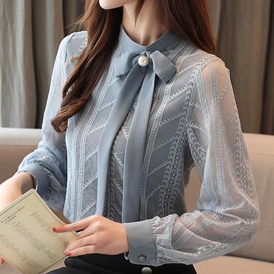 Camicetta in chiffon di pizzo con colletto alla coreana a manica lunga autunnale con fiocco Top da donna J196