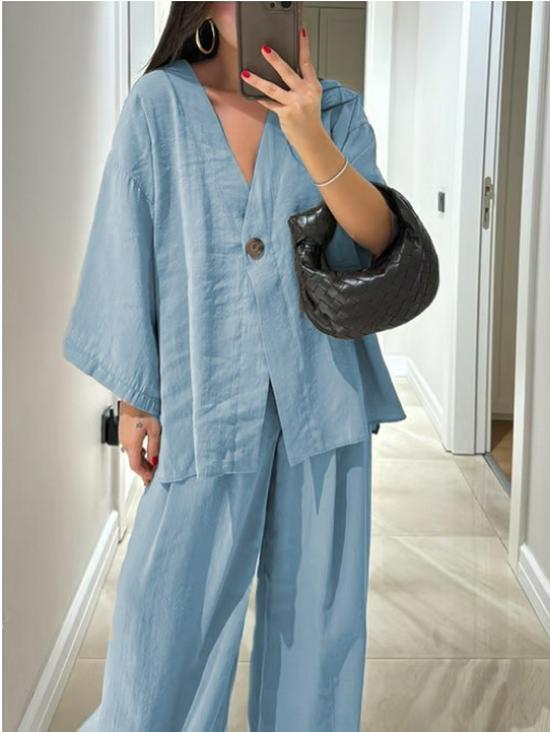 2025 Women's V-Neck Top & Wide-Leg Pants Set - European & American Style