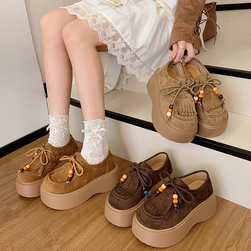 Ethnic style shallow mouth thick sole matte single shoes women's 2025 autumn new tassel beaded lace casual loafer single shoes