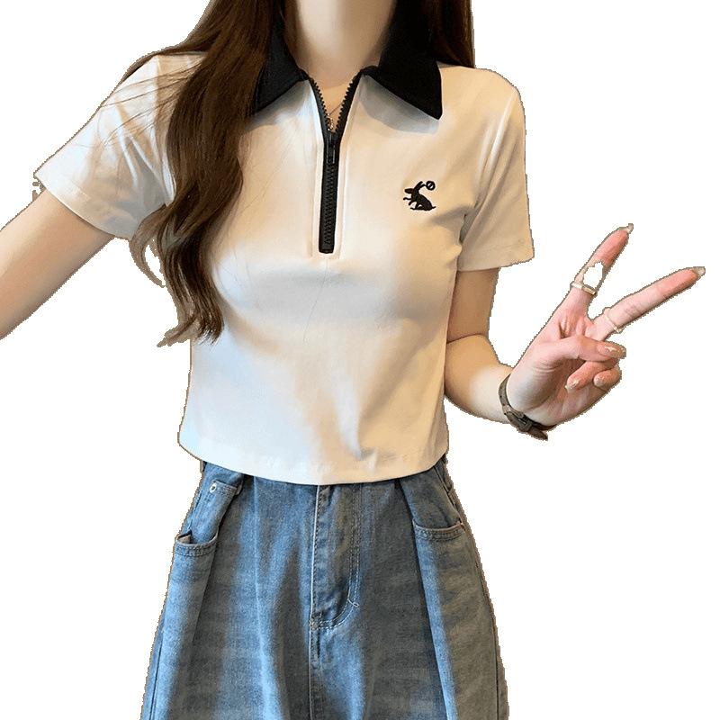 Front Shoulder POLO Neck Short Sleeve T-Shirt Women's Summer New Half Zipper Lapel High Waist Skinny Short Top