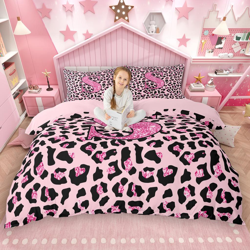 Homewish Pink Leopard Print Duvet Cover Set for Girls 2pcs/3pcs, Glitter Monogrammed Bedding Set, Personalized Letter Bed Set