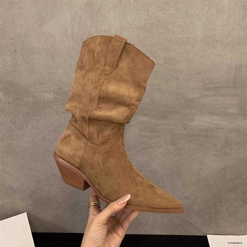 

Модные винтажные женские ковбойские сапоги до середины икры на толстом каблуке с острым носком, осенне-зимние элегантные ботильоны-слипоны 35 хаки