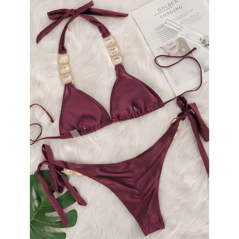 

Sexy Rhinestone Bikini Set Women 2025 Luxury Pink Crystal Diamond Push Up Bandage Thong Swimsuit Beach Bathing Suit Swimwear L