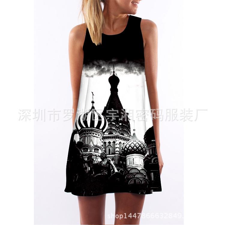 European and American Hot-selling New Digital Printing Round Neck Big Pendulum Loose Off-the-shoulder Medium and Long Vest Sleeveless Dress