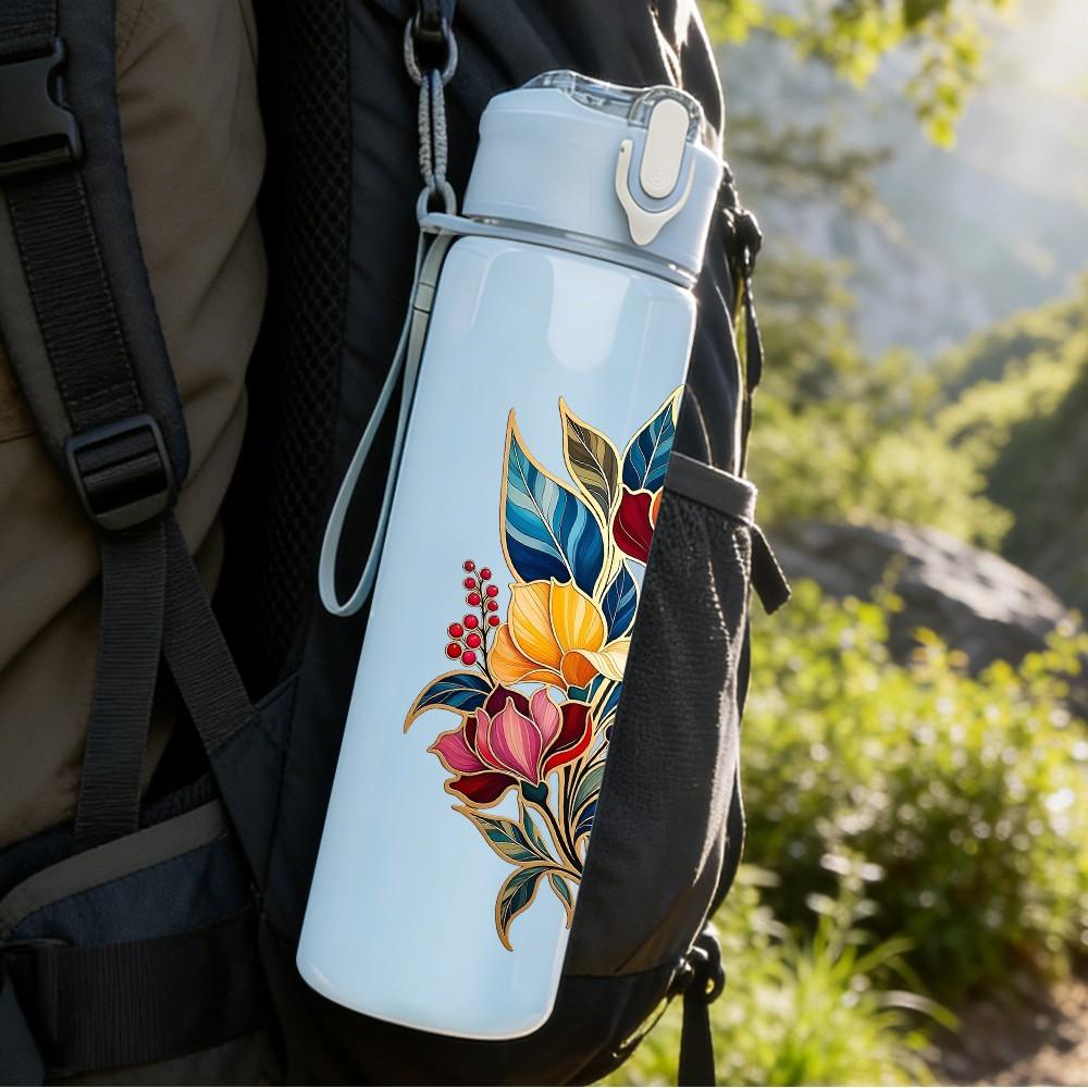 1PC Colorful Mixed Wild Bouquet Print 750ml Color Plastic Sports Water Bottle Leakproof Flip Straw Lid Suitable for Sports Office Home Use