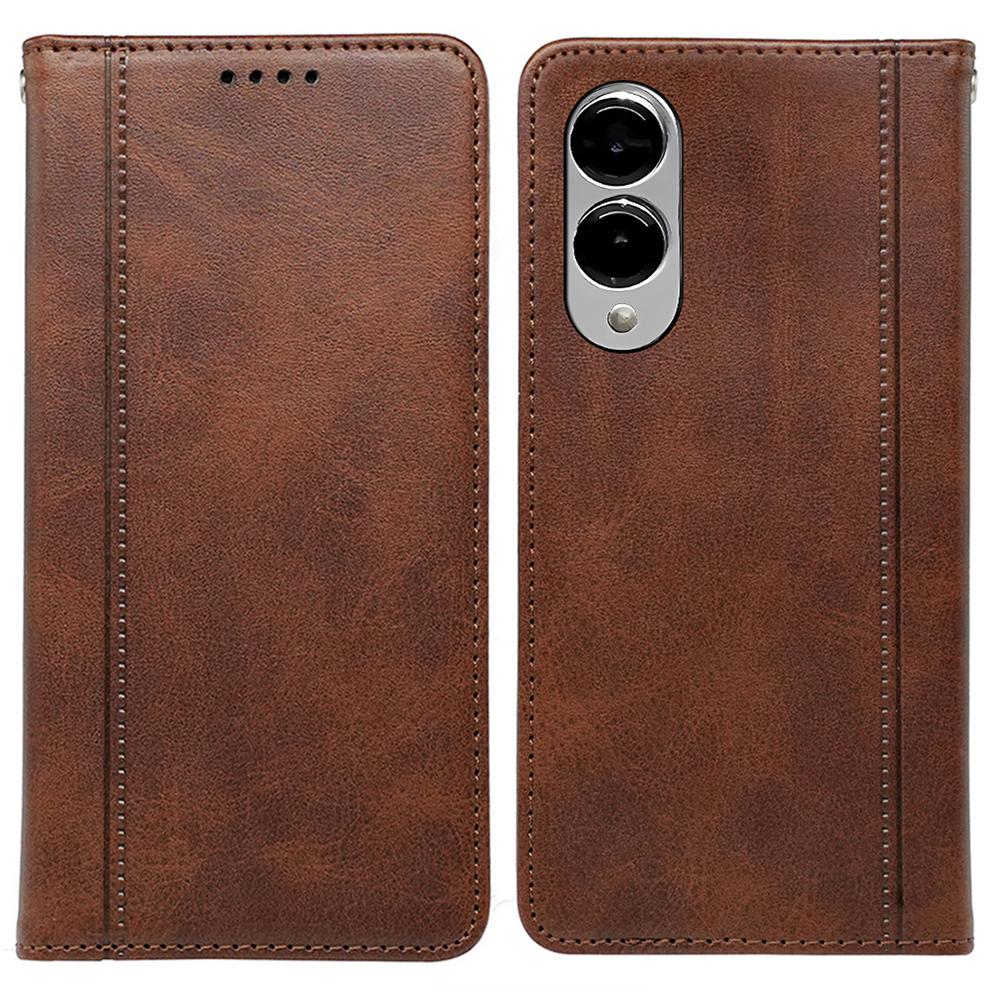 

For Samsung Galaxy S25 Edge Case Hidden Magnetic Closure Calf Texture Leather Phone Cover Brown