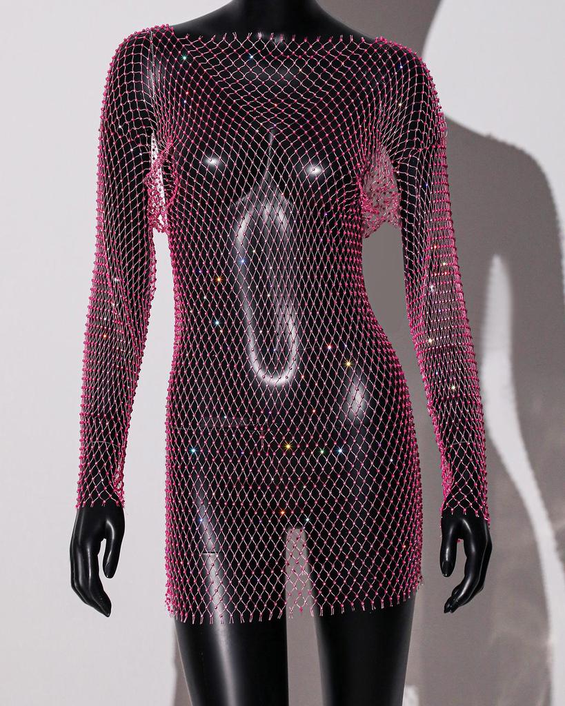 Damen Strass Fischnetz Rückenfreies Langarm Sexy Überwurfkleid