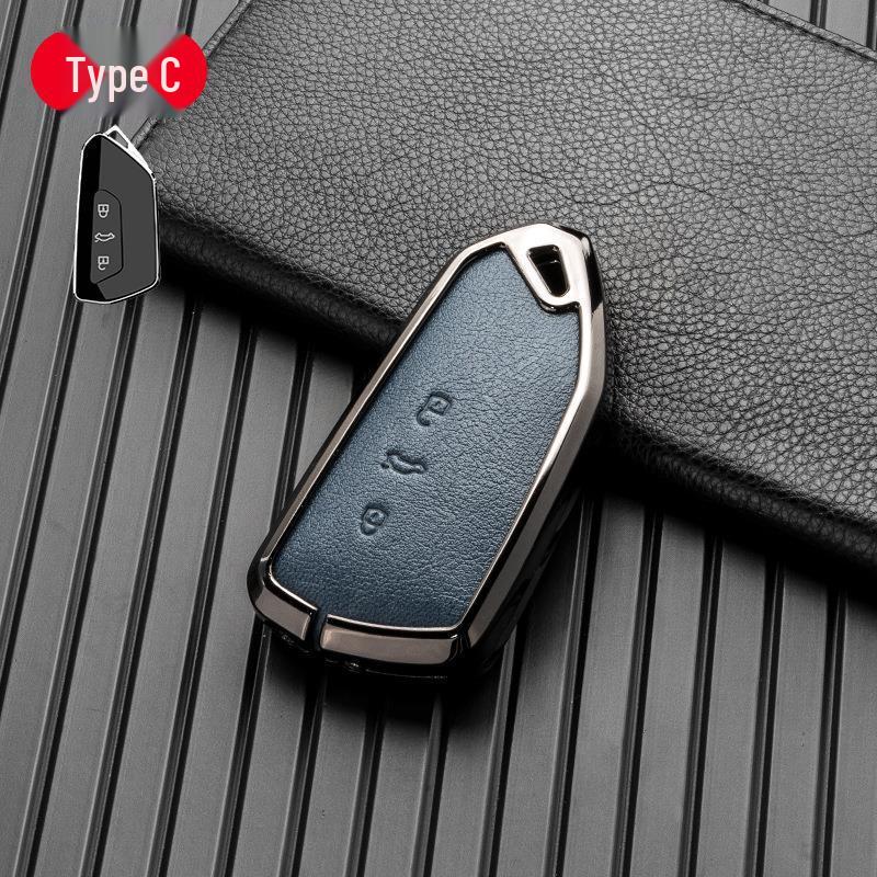 Volkswagen/Skoda Double-Sided Leather Zinc Alloy Car Key Case - Non-Signal Blocking, Full-Wrap Design