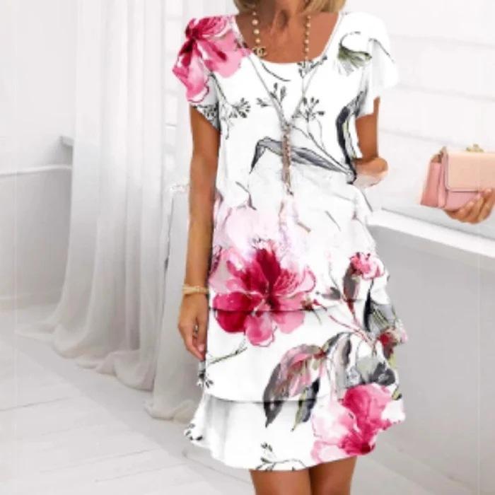 2026 European and American women s clothing, crew neck short sleeves, flower print dress European and American fashion S белый