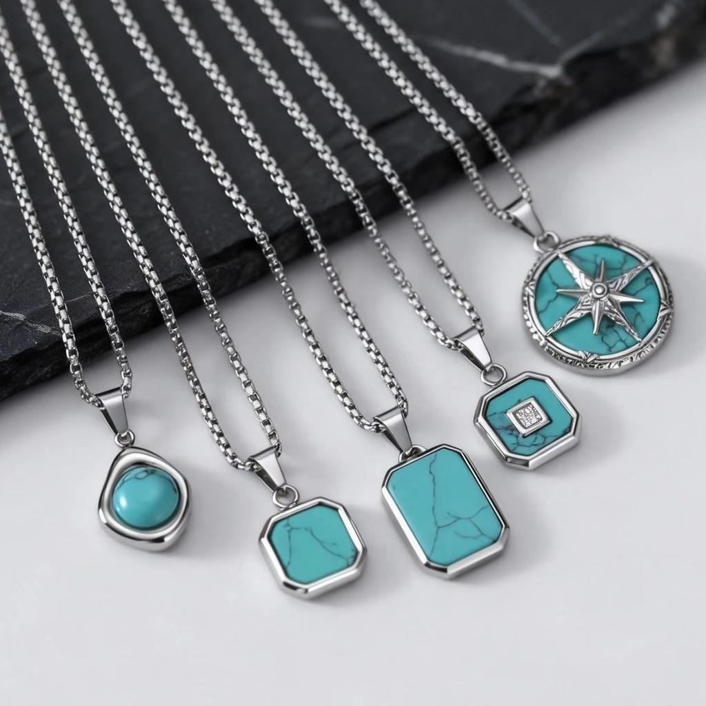 Blue Natural Stone Necklace for Men Boys,Waterproof Turquoise Square Pendant Necklace,Birthday Father Jewelry Gift